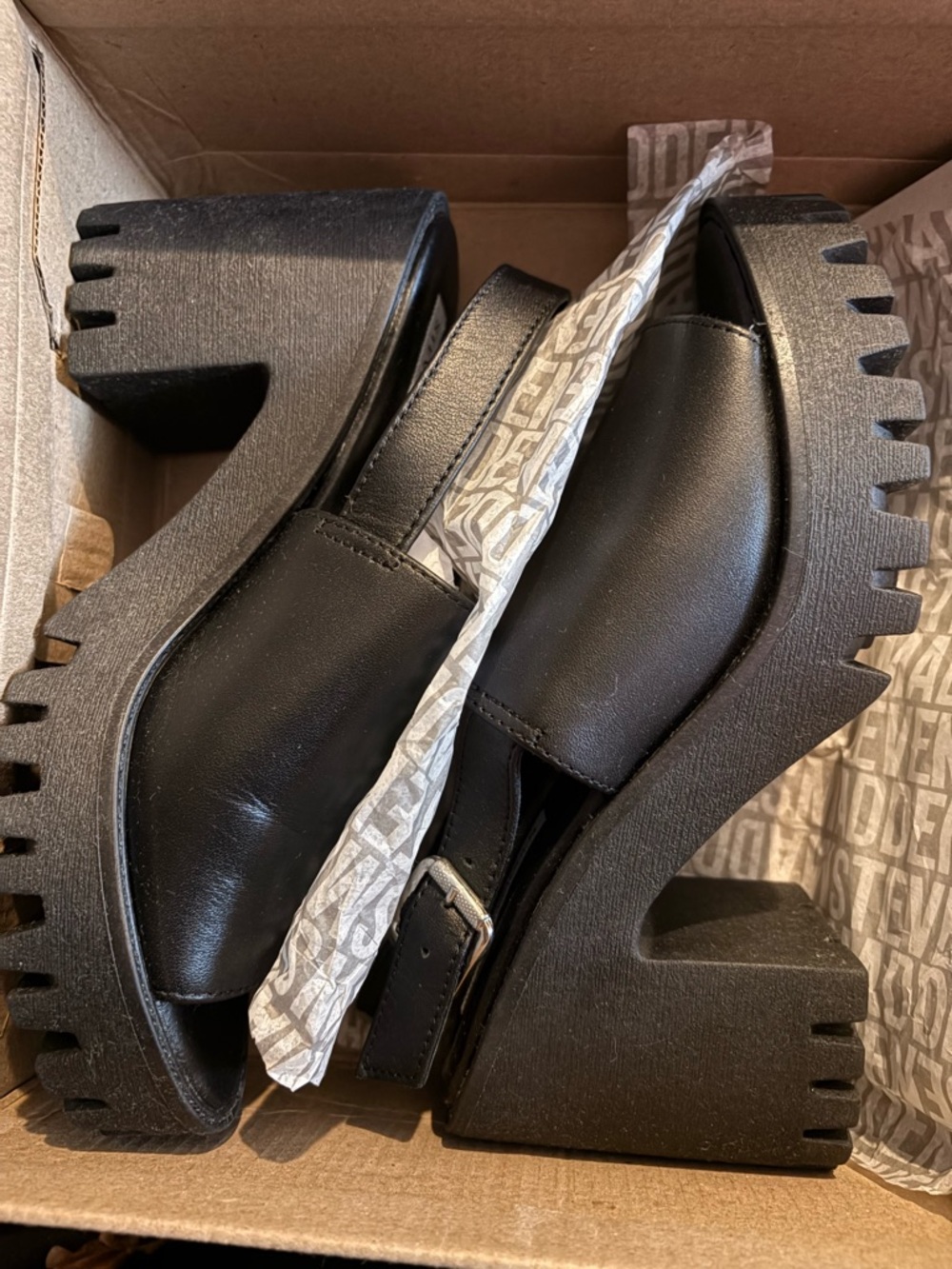 Steve Madden Black Chunky Lug Heel Slingback Sandals